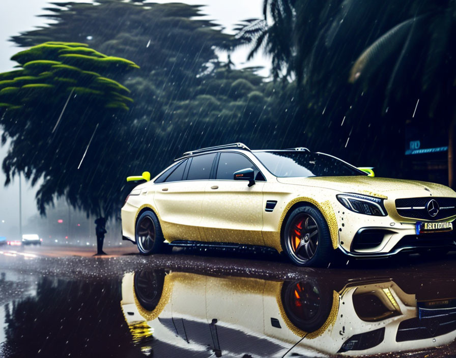 Golden Mercedes parked on wet street reflects in water-covered asphalt.