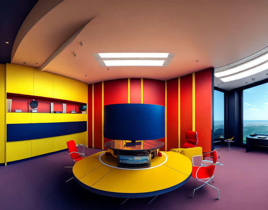 Vibrant modern office with red and yellow walls, blue column, stylish seating, and expansive windows