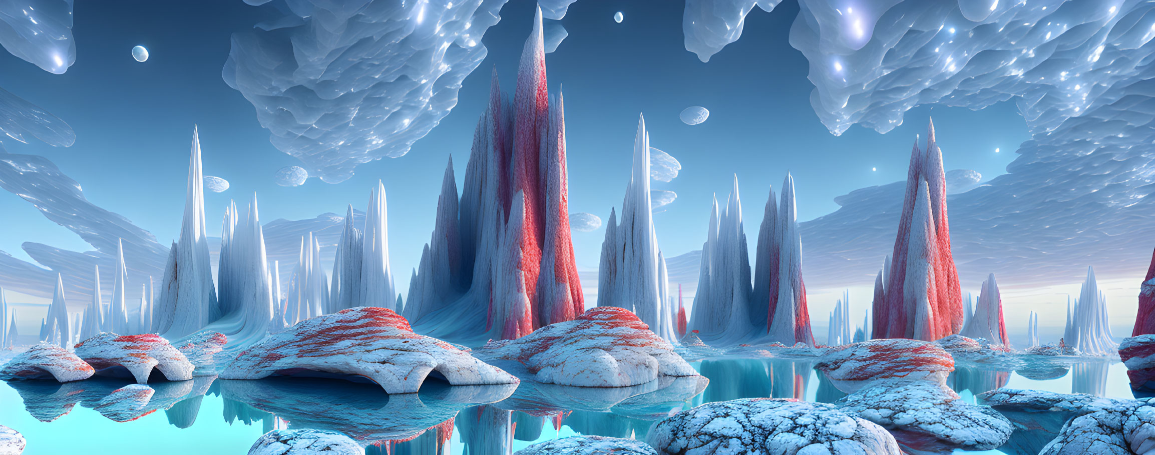 Surreal landscape with towering spires and floating rocks