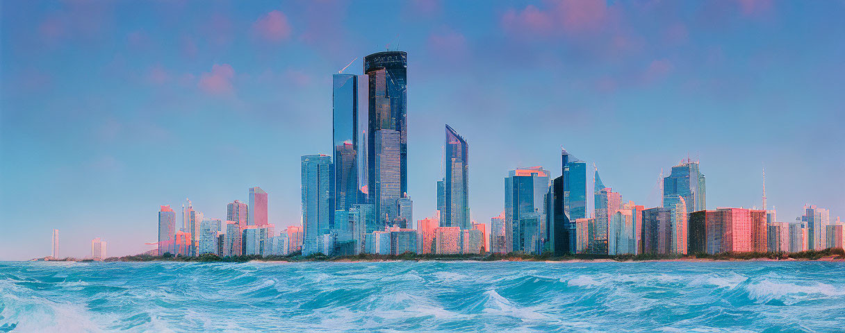 Modern skyline with skyscrapers by ocean at sunset