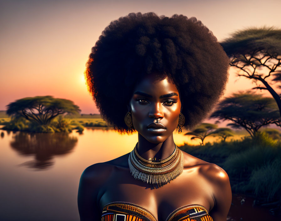 African woman with afro and traditional jewelry in savanna sunset