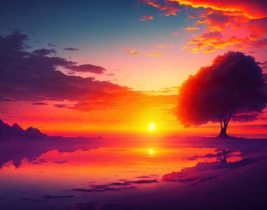 Scenic sunset with purple-orange hues over calm waters and a lone tree silhouette