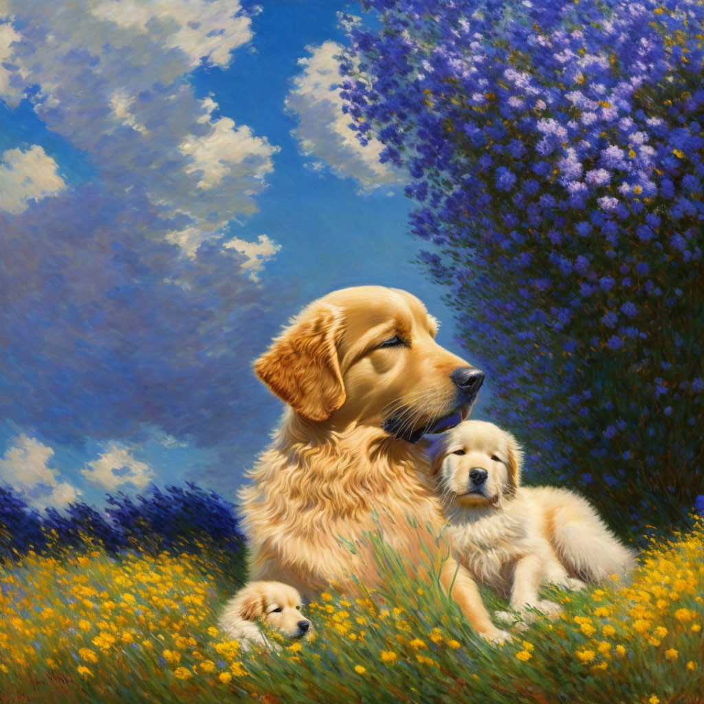 Golden Retriever and Puppies in Flower Field Under Blue Sky