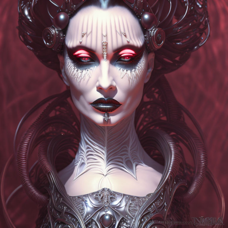 Elaborate Fantasy Female Character with Silver Attire and Red Eye Makeup