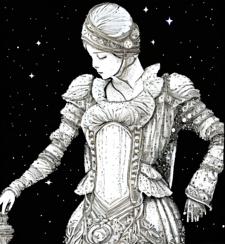 Medieval armor-clad woman gazes under starry sky