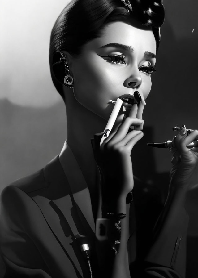 Stylized woman with elegant makeup applying lipstick and holding a cigarette and mirror exudes vintage glamour