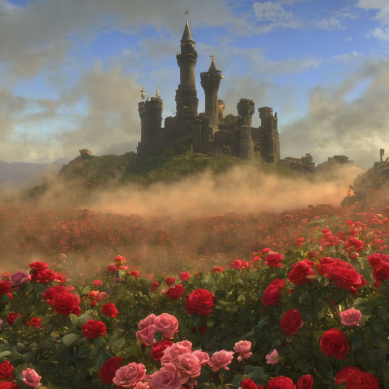 Enchanting castle surrounded by red roses in mystical mist