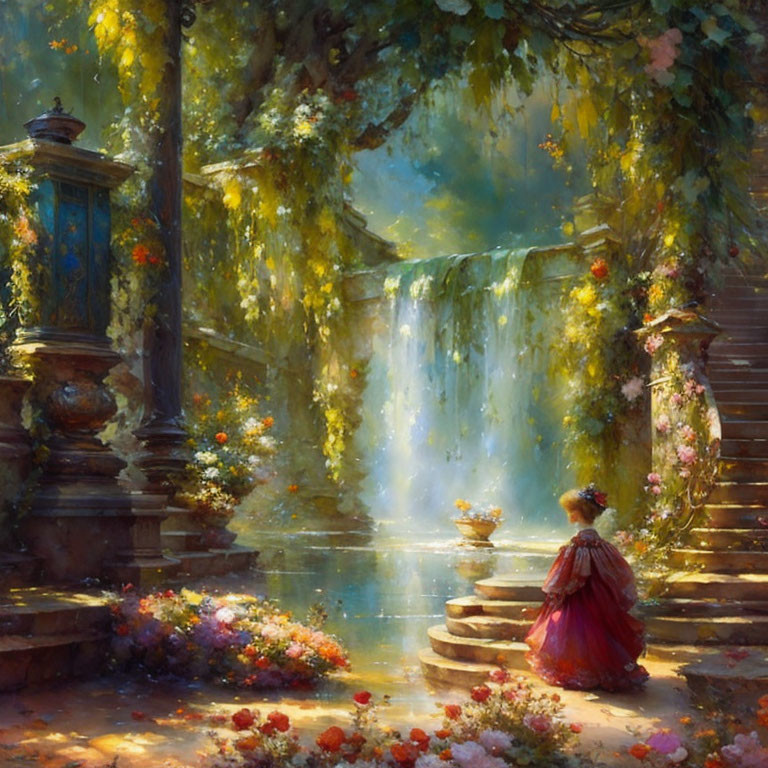 Serene pond with waterfall, person in red dress, lush greenery, blooming flowers