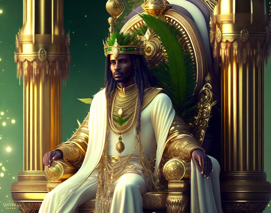 Regal king on golden throne with crown and scepter in ornate setting