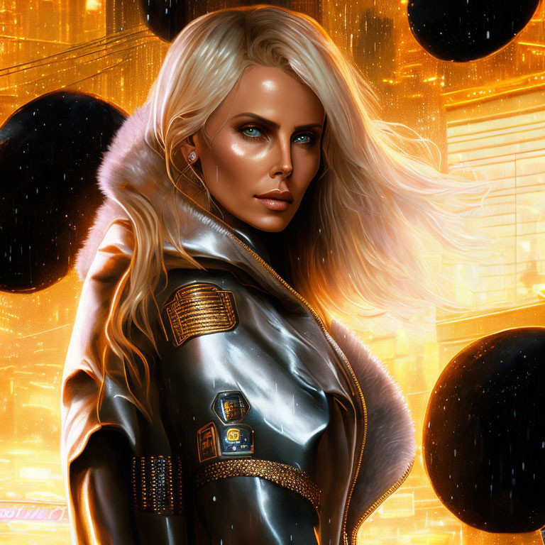 Blonde woman in futuristic black jacket against cyberpunk cityscape