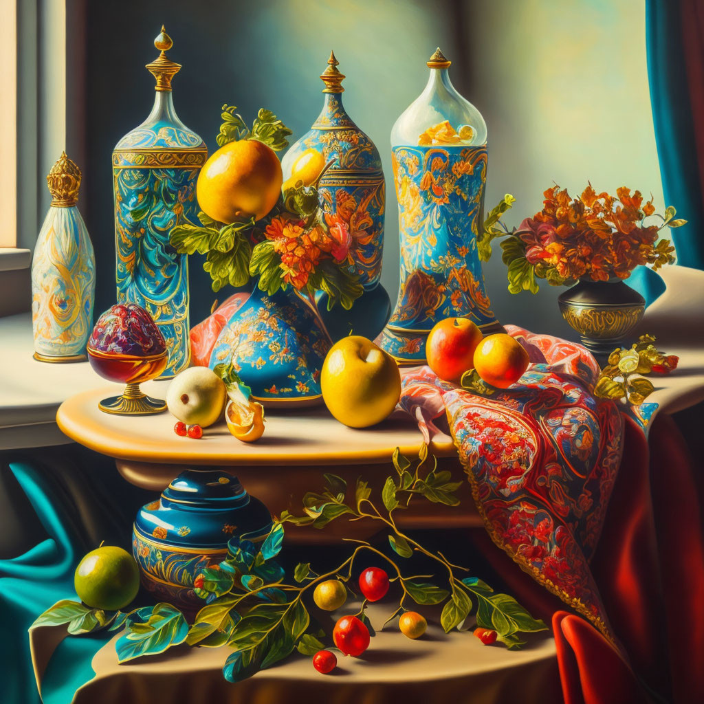 Ornate vases, ripe fruits, and vibrant floral arrangement in still life painting