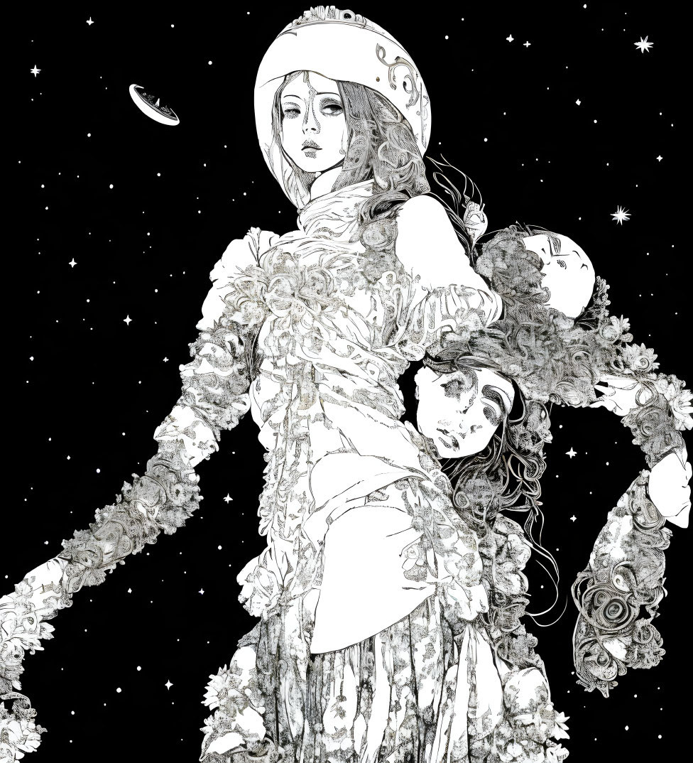 Monochrome illustration of three ethereal women with floral motifs in cosmic setting