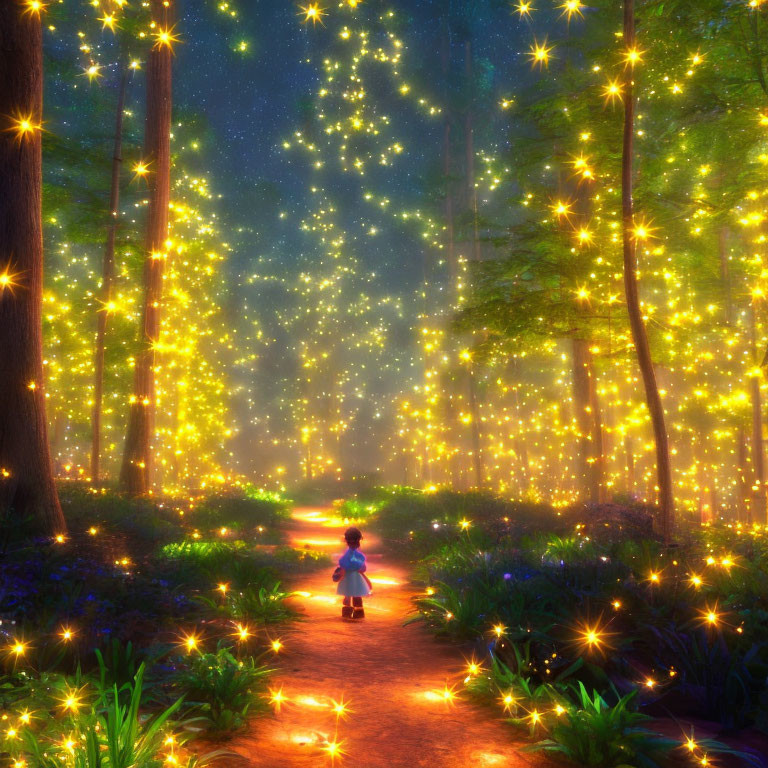 Child on forest path surrounded by glowing lights under starry night sky