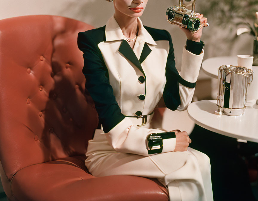 Fashionable Woman in White-and-Black Suit with Vintage Camera and French Press