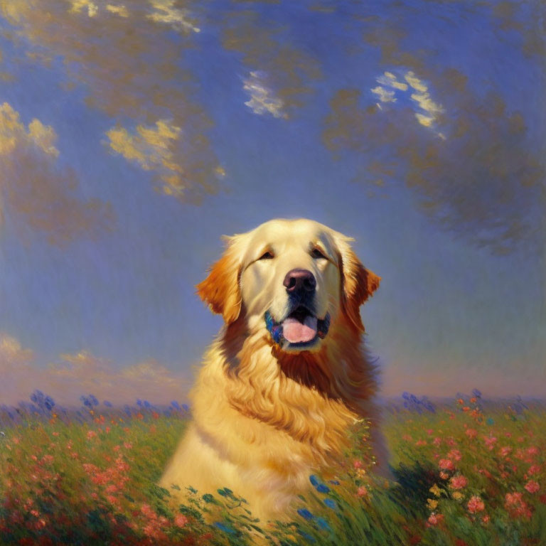 Golden retriever in flower field under blue sky