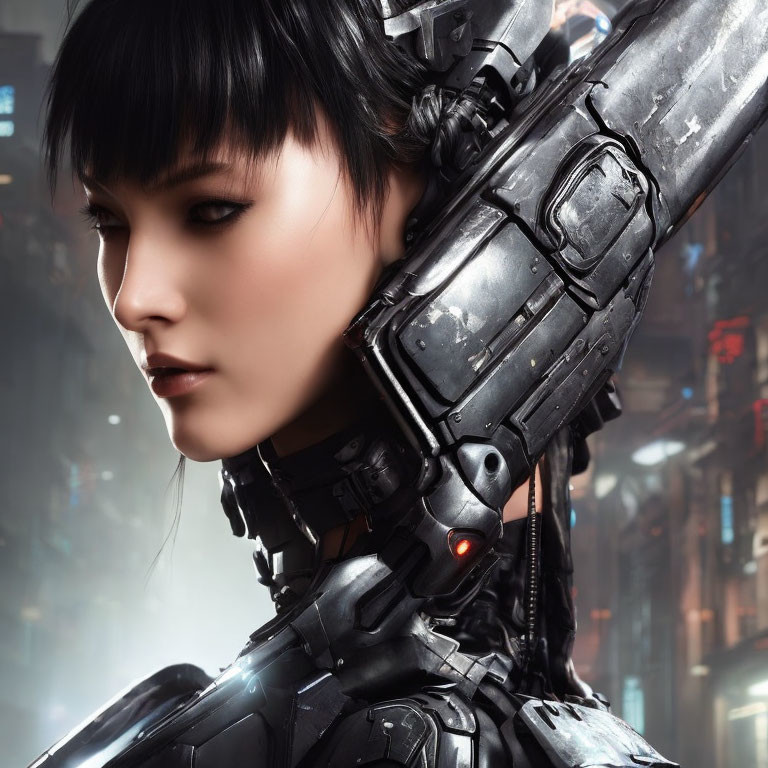 Asian Female Figure in Futuristic Black Armor Suit Against Cyberpunk City