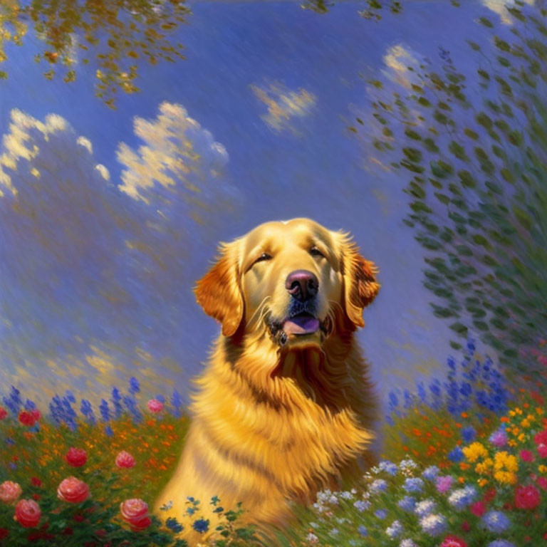 Golden Retriever Sitting Among Colorful Flowers with Blue Sky Background