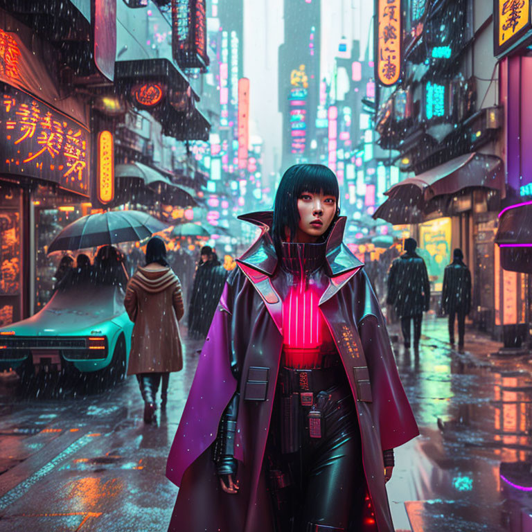 Futuristic cityscape with neon signs and person in cyberpunk outfit in rain