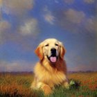 Golden Retriever Sitting Among Colorful Flowers with Blue Sky Background