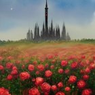 Enchanting castle surrounded by red roses in mystical mist