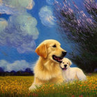 Golden Retriever and Puppies in Flower Field Under Blue Sky