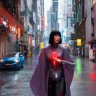 Futuristic cityscape with neon signs and person in cyberpunk outfit in rain