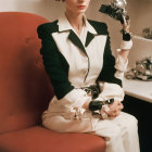 Fashionable Woman in White-and-Black Suit with Vintage Camera and French Press