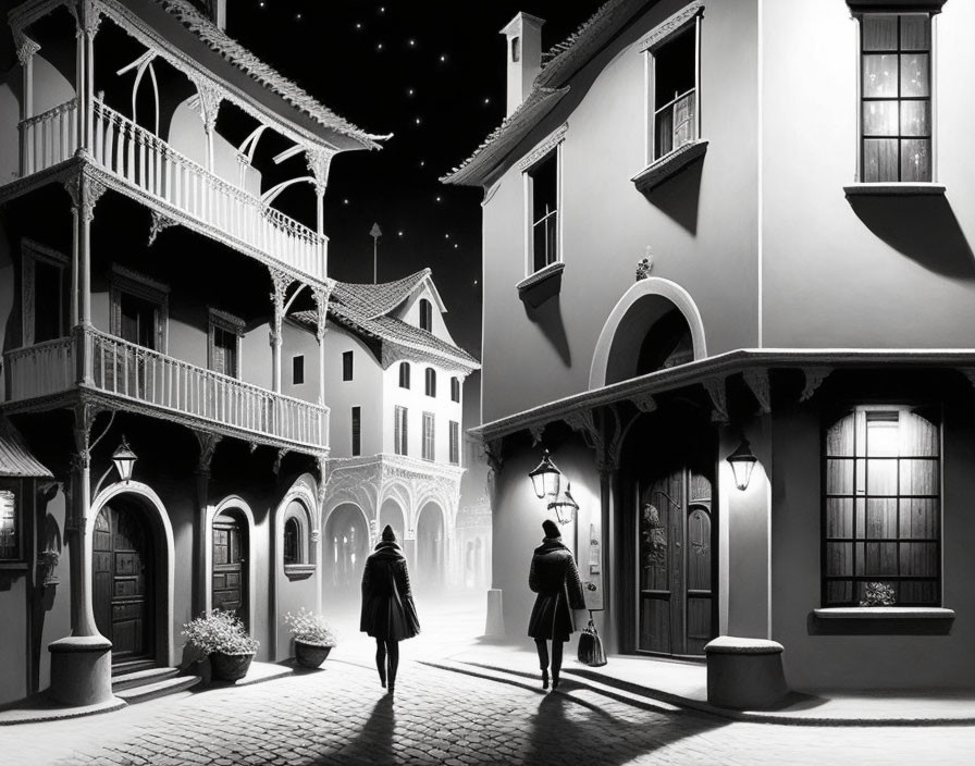 Monochrome image of two people walking in European-style street at night