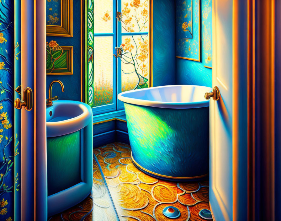 Colorful Van Gogh-Inspired Bathroom with Swirling Patterns and Floral Motifs