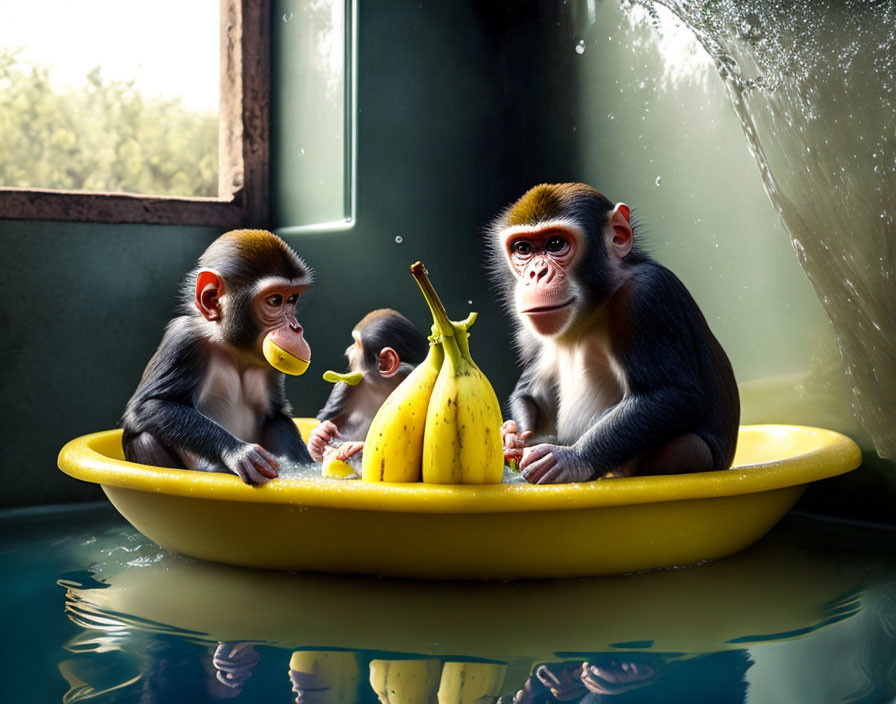 Three Monkeys in Yellow Tub with Bananas and Splashing Water