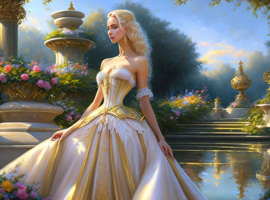 Golden ball gown woman in lush garden with fountains