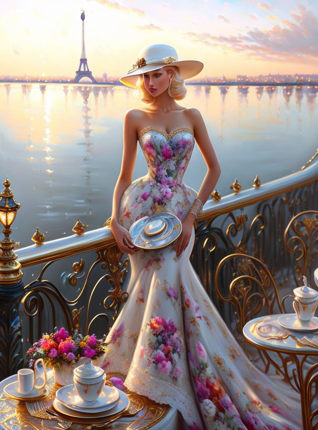 Woman in floral dress and hat on balcony overlooking sunset-lit river with Eiffel Tower.