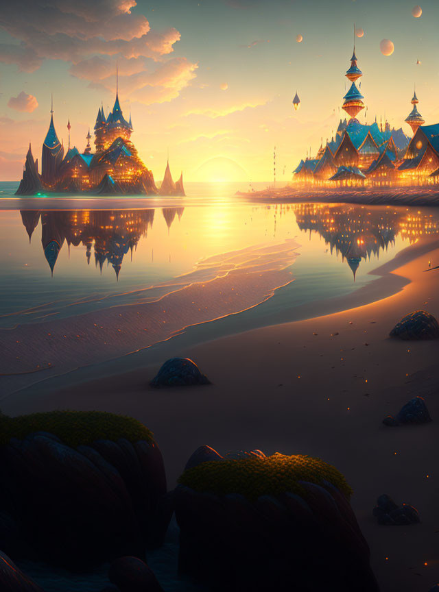 Enchanting sunset over serene lake with fairytale castle and moss-covered rocks