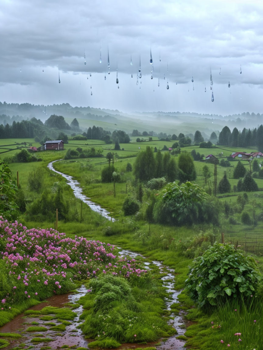 Tranquil Rainy Landscape with Green Fields and Red House