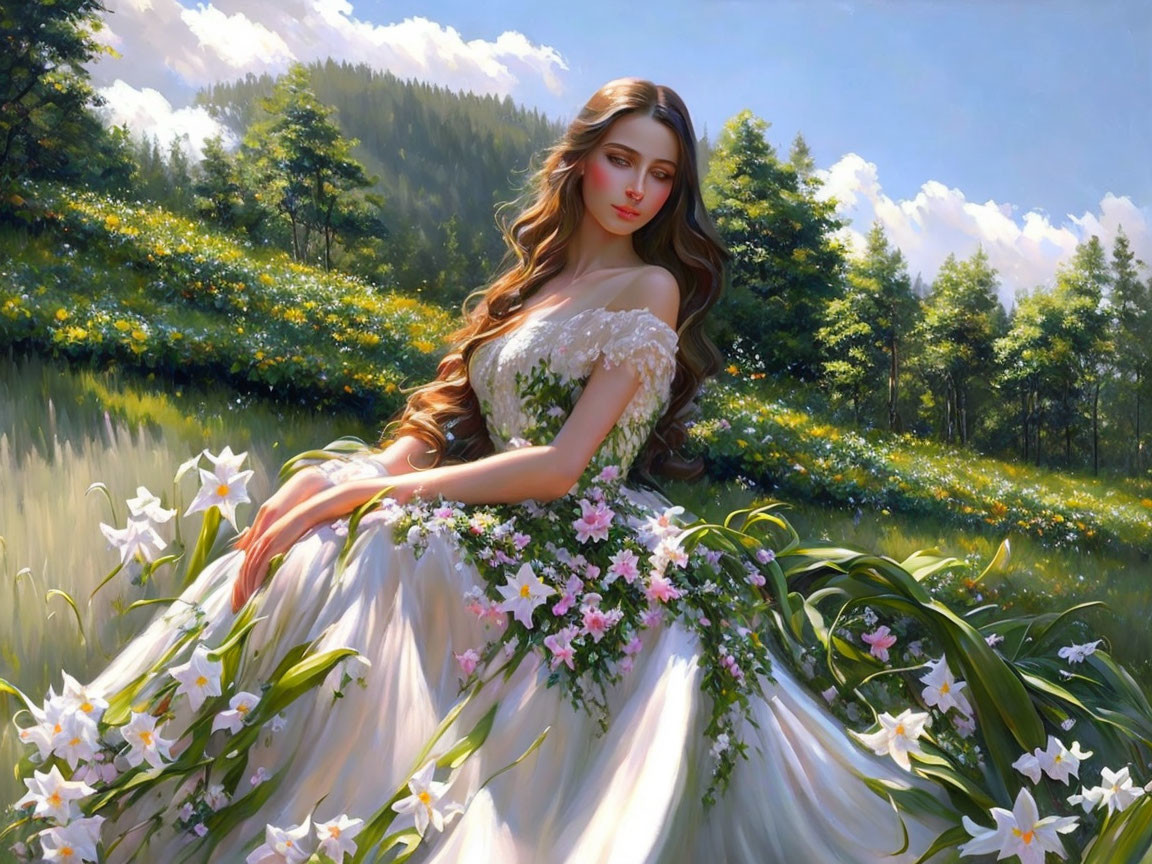 Woman in white floral dress amidst vibrant meadow and blooming flowers