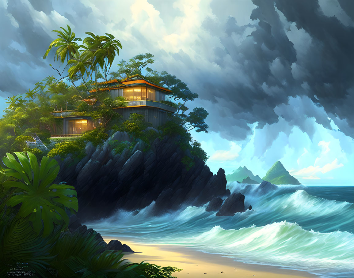 Oceanfront House on Cliff Amidst Greenery and Stormy Sky