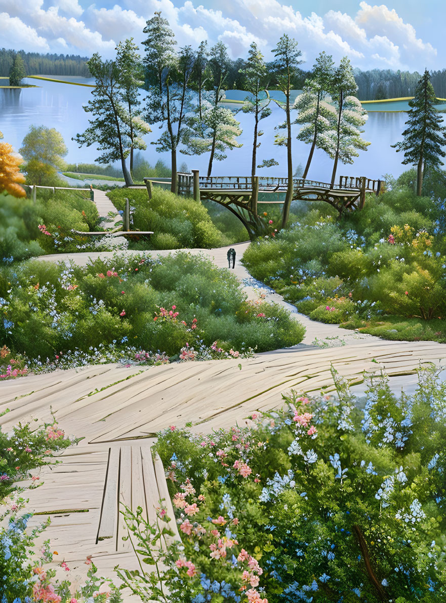 Tranquil park scene with wooden path, vibrant flowers, trees, person, calm lake, and