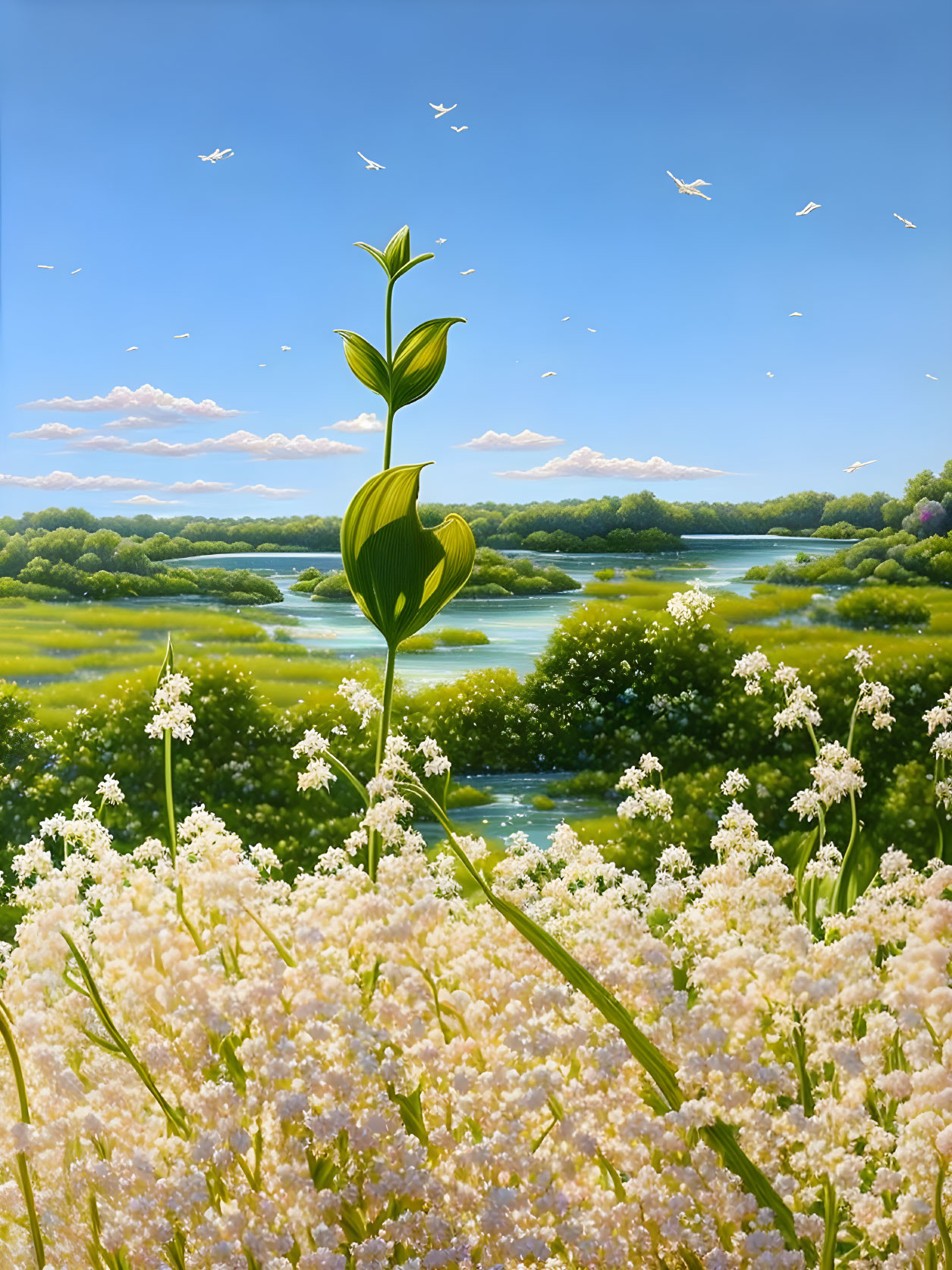 Serene landscape with green shoot, wildflowers, river, and blue sky