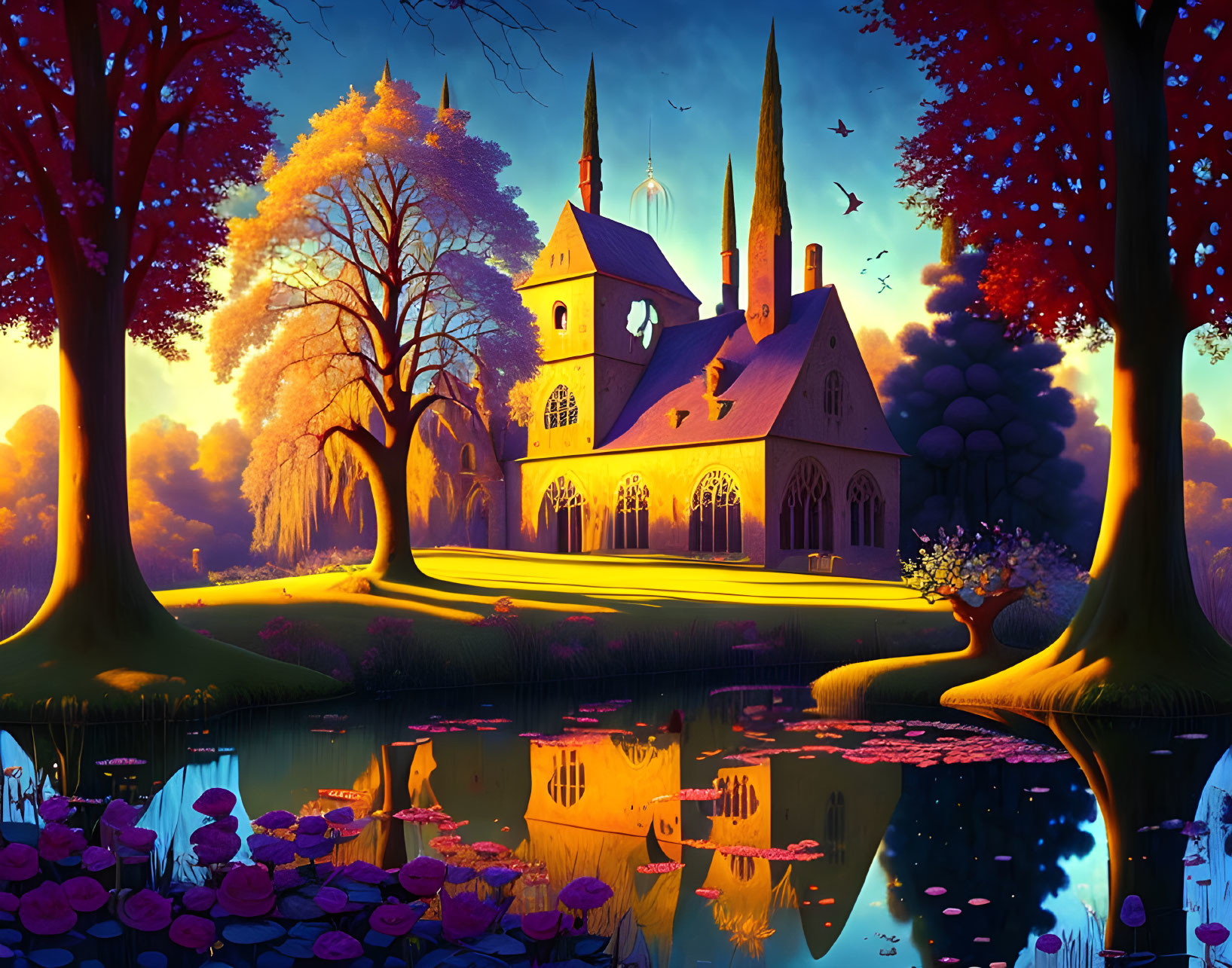 Fantasy cathedral scene with colorful trees and sunset reflection