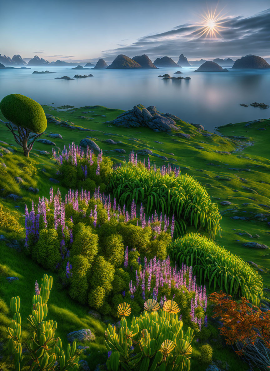 Tranquil landscape: grassy hill, lone tree, purple flowers, serene sea, setting sun