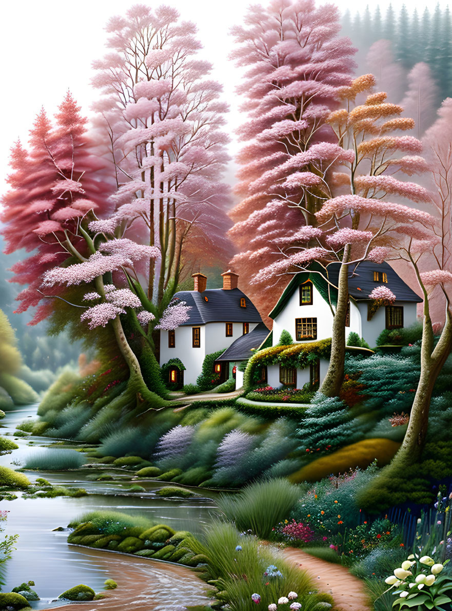 Tranquil river landscape with cottage and pink trees