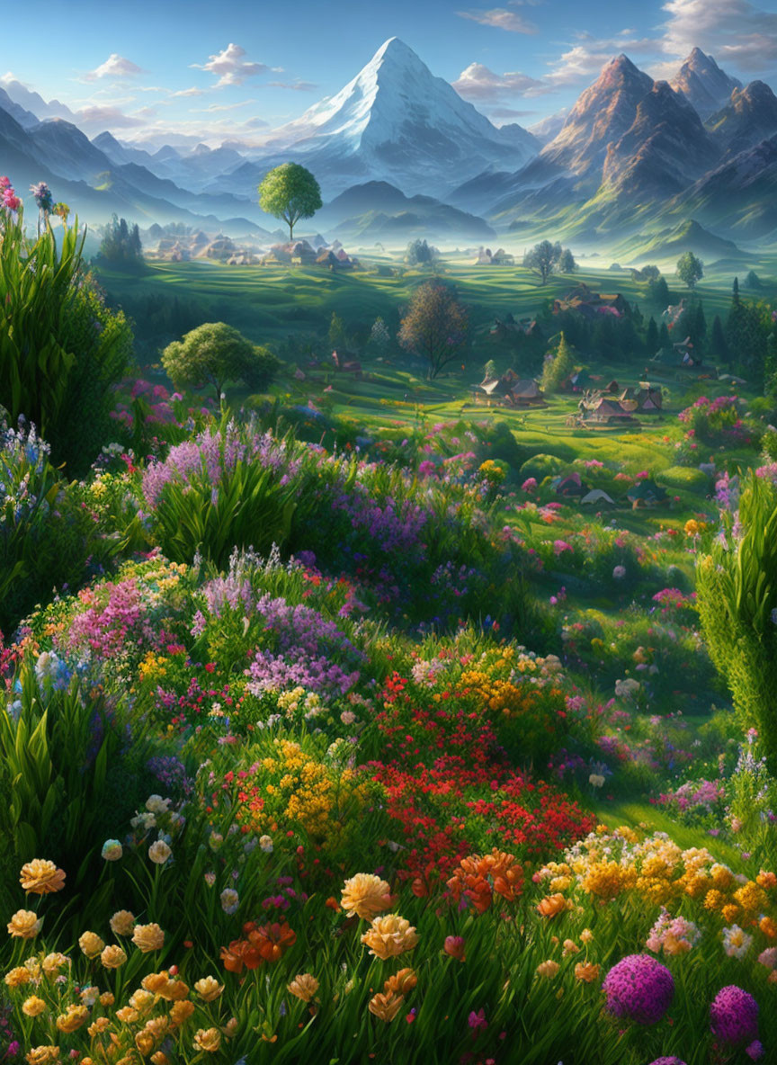 Colorful Flowers, Green Hills, Cottages & Mountains in a Vibrant Landscape