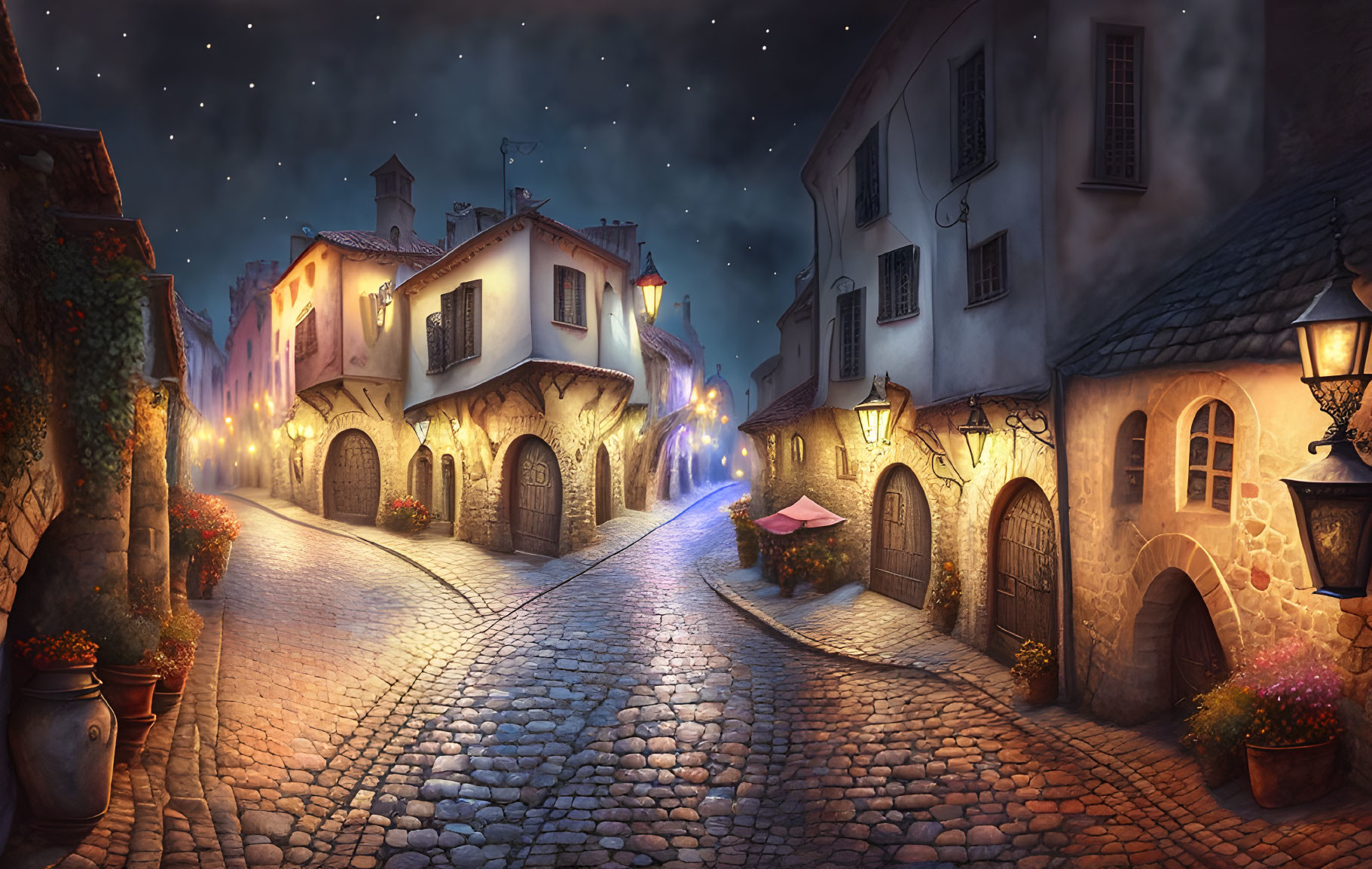 Charming cobblestone street at night with old-world houses and glowing streetlamps