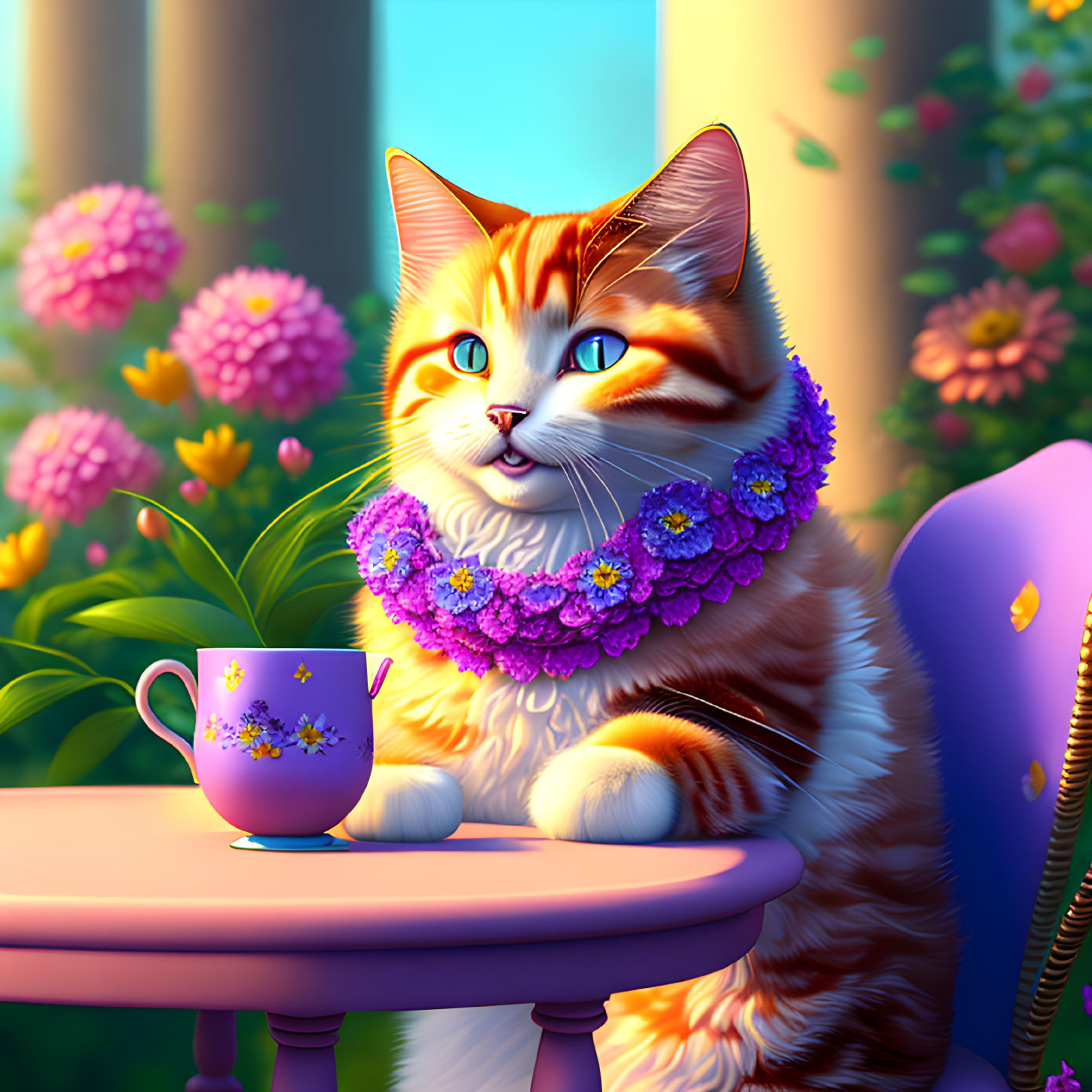 Orange Tabby Cat with Floral Necklace Surrounded by Pink Flowers and Sunlight