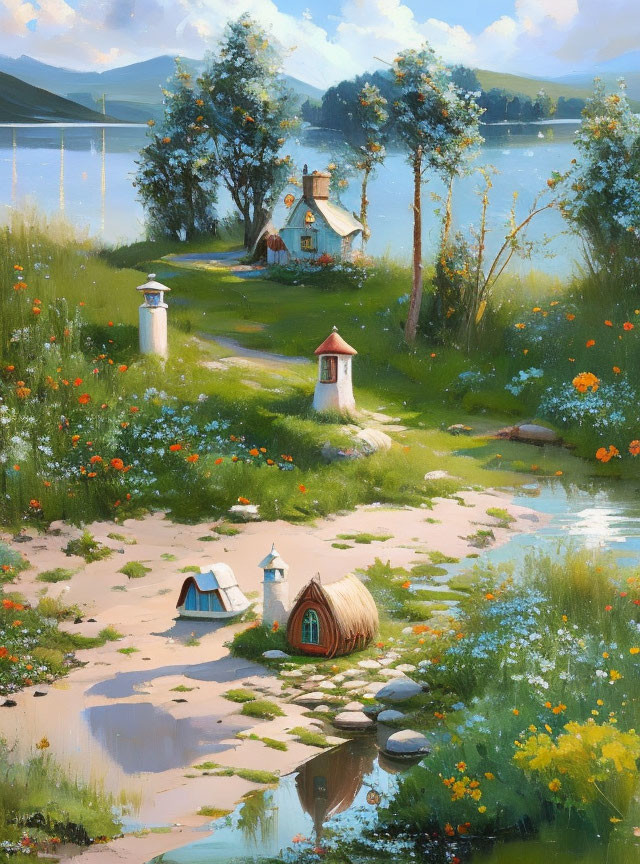 Tranquil lakeside scene with cottage, beehive-style huts, flowers, and clear