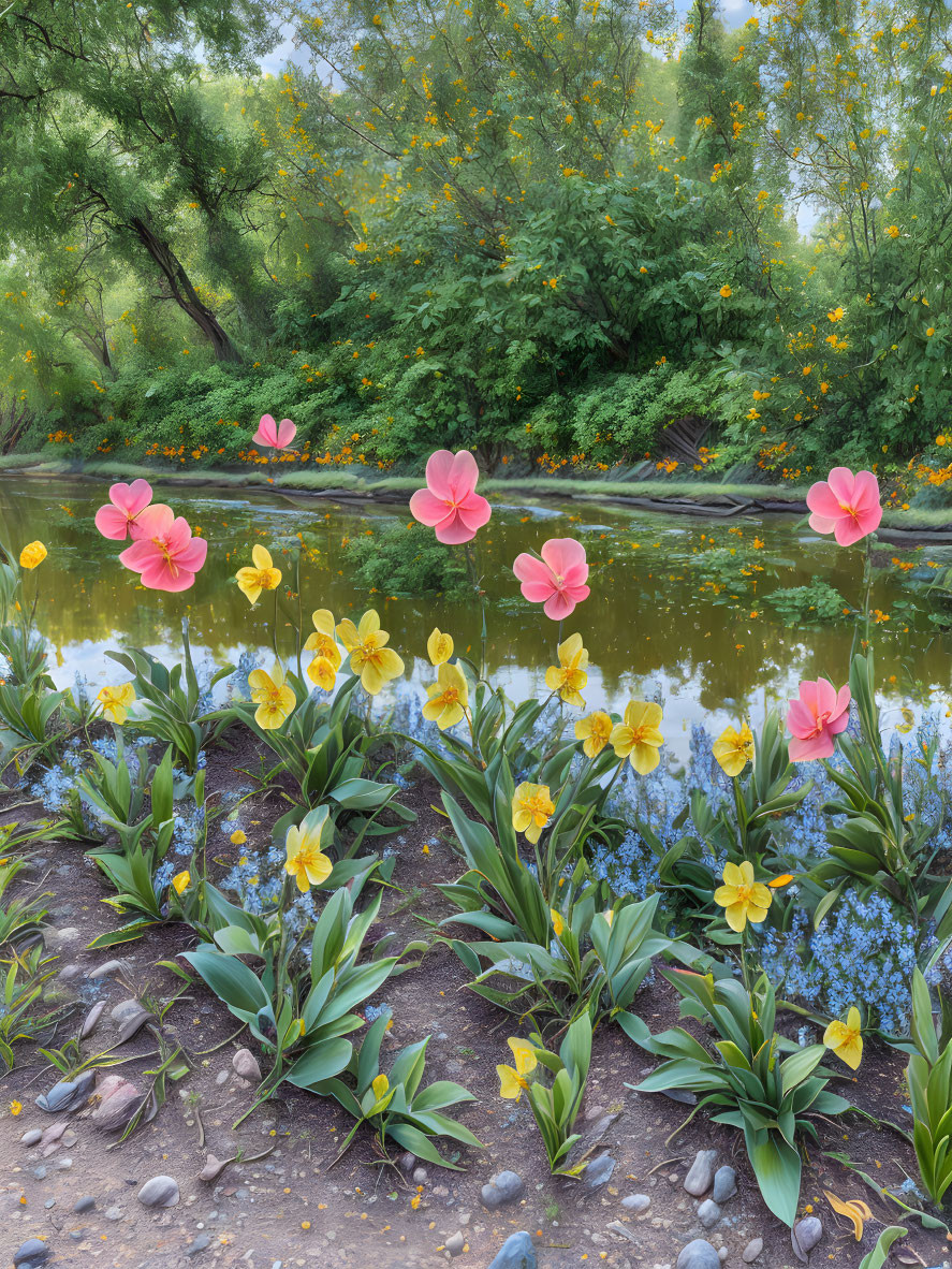 Tranquil riverbank with pink and yellow flowers, pebbles, and lush green trees