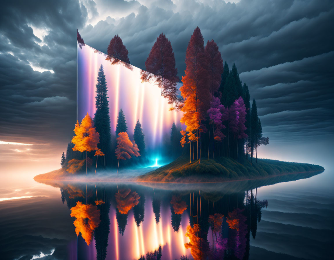 Colorful Trees Island with Glowing Portal in Surreal Landscape