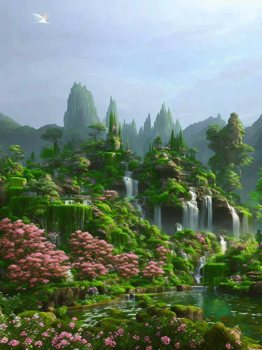 Tranquil landscape: greenery, waterfalls, pink flora, pond, misty mountains,