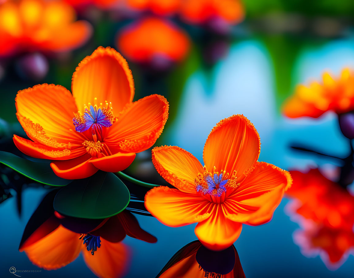 Colorful orange flowers with blue stamens floating on water surrounded by blurred blooms