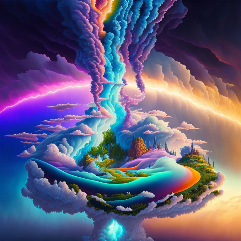 Colorful digital artwork: surreal landscape with swirling clouds and rainbow tornado